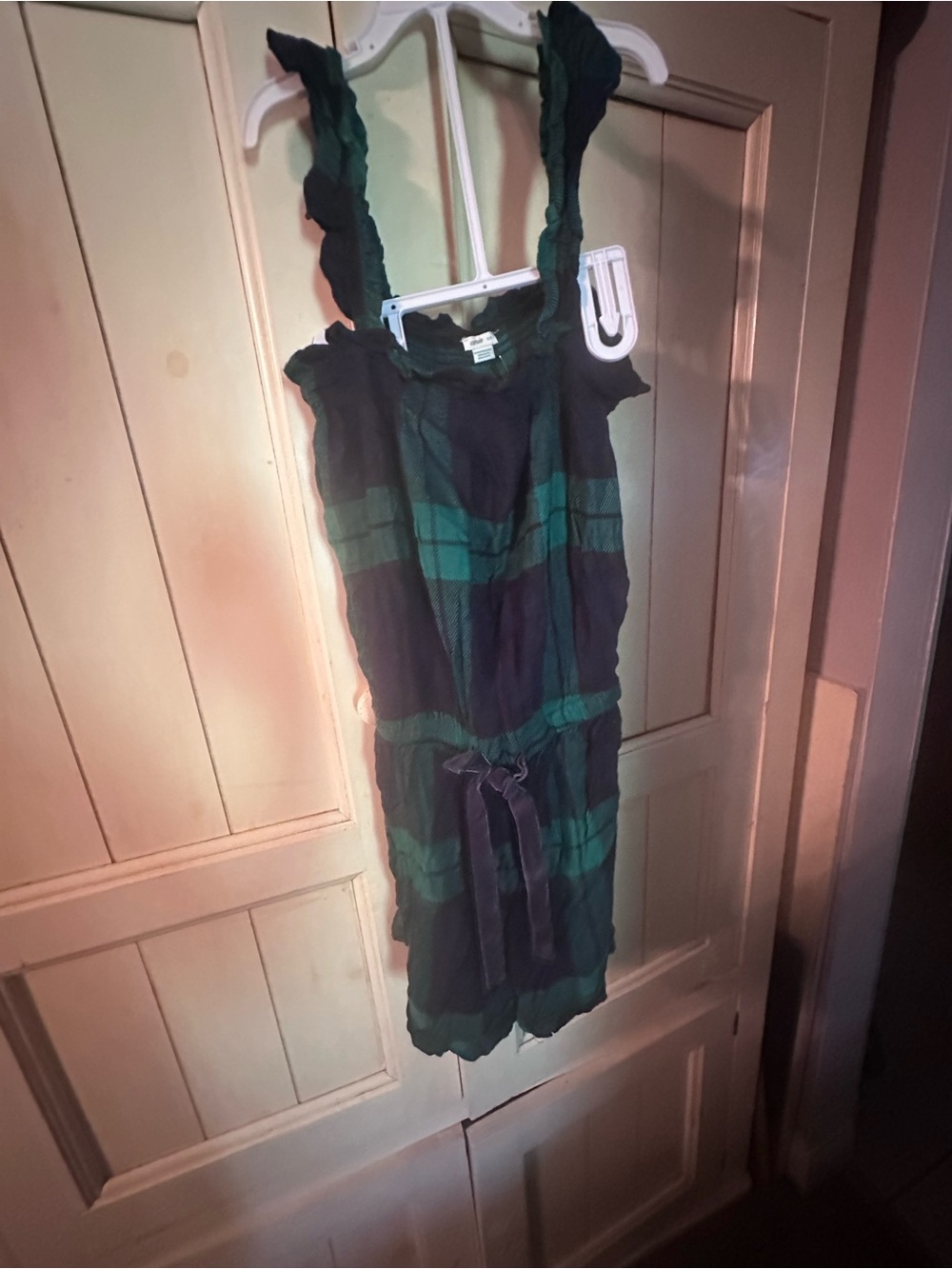 aerie Dark Green and Black Plaid Ruffle-Strap sleep romper